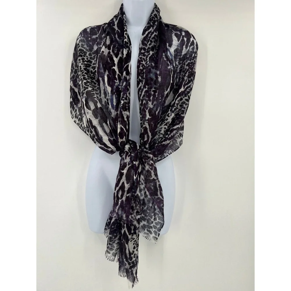 Chico's Purple Black Leopard Animal Print Lightweight Fringe Scarf Wrap
